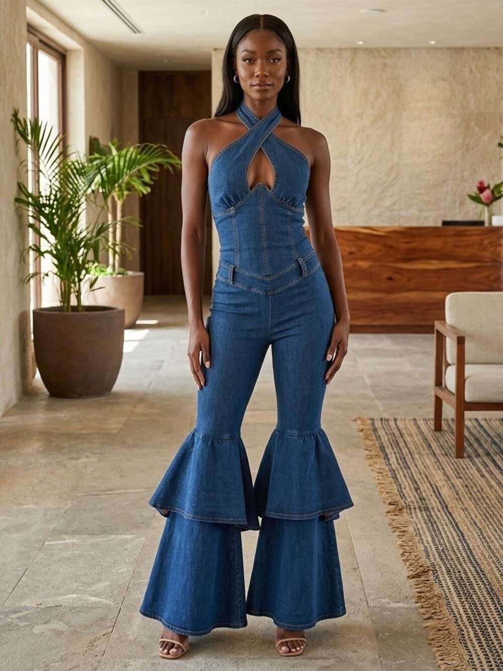 Blue Denim Halter Jumpsuit with Tiered Flared Legs